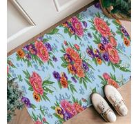 Tappeto passatoia con peonia, motivo floreale e crisantemo viola del pensiero primaverile blu a pelo basso, in spugna, resistente allo sbiadimento, per cucina, ingresso, comodino, porta, corridoio