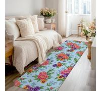 Tappeto passatoia con peonia, motivo floreale e crisantemo viola del pensiero primaverile, blu, antiscivolo, bordatura con bordo antiscivolo, tappeto rettangolare per cucina, ingresso, comodino