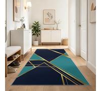 Tappeto passatoia geometrico astratto, 80 x 300 cm, Art Deco con blocchi di colore blu-verde e linee dorate, antiscivolo, lavabile, per corridoio, lavanderia, blu e oro