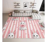 Tappeto pelo corto morbido antiscivolo con schienale in gomma, Cartone Animato Coniglio Strisce Fiocco Cuore Tappeto lavabile, per bambini gattonamento soggiorno e camera da letto 160 x 230 cm Rosa