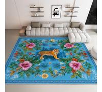 Tappeto pelo corto morbido antiscivolo con schienale in gomma, Retro Confine Tigre Tropicale Giungla Tappeto lavabile, per bambini gattonamento soggiorno e camera da letto 80 x 150 cm Blu-Verde