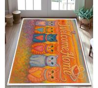 Tappeto per area gatti, Welcome Home con cuori e fiori primaverili arancioni a pelo basso estetico zerbino rettangolare accenti tappeto bagno comodino ingresso porta decorazione 7,6 x 1,5 m