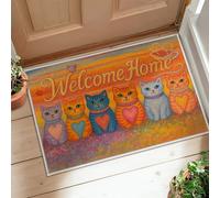 Tappeto per area gatti, Welcome Home con cuori e fiori primaverili arancioni con retro antiscivolo estetico zerbino rettangolare accenti tappeto bagno ingresso cucina comodino decorazione 5 'x 3'