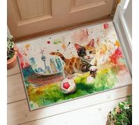 Tappeto per area gatto, giocoso fantasioso pallone da calcio skyline cittadino N/a zerbino con retro antiscivolo verde tappetino rettangolare non perde pelo ingresso bagno lavanderia comodino