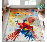 Tappeto per area pappagallo, palla da calcio artistica tropicale con spruzzi di colore rosso a pelo basso, zerbino con accenti resistenti allo sbiadimento, per bagno, ingresso, comodino, porta