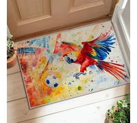 Tappeto per area pappagallo, palla da calcio artistica tropicale con spruzzi di colore rosso a pelo basso, zerbino con accenti resistenti allo sbiadimento, per bagno, ingresso, comodino, lavanderia