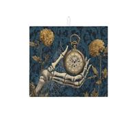 Tappeto per asciugare piatti gotico vintage per piano di lavoro cucina mano scheletro con orologio, scolapiatti in microfibra medievale per la decorazione di