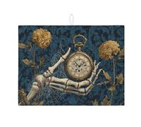 Tappeto per asciugare piatti gotico vintage per piano di lavoro cucina mano scheletro con orologio, scolapiatti in microfibra medievale per la decorazione di