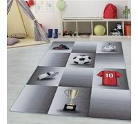 Tappeto per bambini a quadri design pallone e trofeo, lavabile, look maglia, trofeo per ragazzi, stanza bambini, neonati, gioco, 7mm altezza pelo Misurare: 120 x 170 cm Colore: Grigio-5