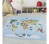 Tappeto per bambini con mappa del mondo e animali, lavabile, adatto per ragazzi e ragazze, per cameretta dei bambini, stanza dei giochi Misurare: 160 x 230 cm Colore: Blu-3