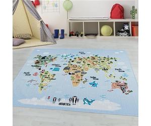Tappeto per bambini con mappa del mondo e animali, lavabile, adatto per ragazzi e ragazze, per cameretta dei bambini, stanza dei giochi Misurare: 160 x 230 cm Colore: Blu-3