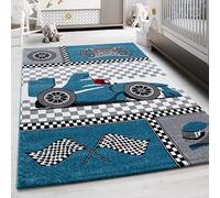 Tappeto per bambini con motivo di macchine da corsa, morbido e soffice, per cameretta dei bambini, tappeto a pelo corto, piacevole al tatto Misurare: 200 x 290 cm Colore: Blu-1