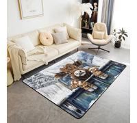 Tappeto per bambini con mucca delle Highland, grazioso tappeto antiscivolo per interni e ingresso per ragazze e ragazzi, tappeto antiscivolo per divano e soggiorno, colore: blu marrone, 1,5 x 1,8 m