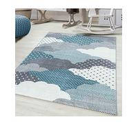 Tappeto per bambini, motivo nuvole, blu, grigio, bianco, colori - 80 x 150 cm