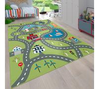 Paco Home Tappeto per bambini, Tappeto da gioco per camere dei bambini, Con motivo stradale, In verde, Dimensione:140x200 cm