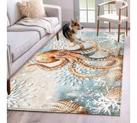 Tappeto per camera da letto, 3 x 5 cm, motivo: polpo costiero, antiscivolo, per soggiorno, camera da letto, ingresso, nautico, estivo, spiaggia, oceano, lavabile, per interni ed esterni