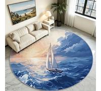 Tappeto per cameretta dei bambini, per ragazzi e ragazze, facile da pulire e resistente, a pelo corto, con barca a vela, effetto 3D, antiscivolo, lavabile, dimensioni: Ø 120 cm, rotondo