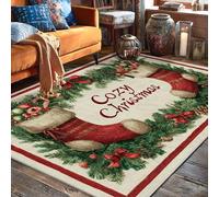 Tappeto per la calza della Befana, Natale con rami di pino e bastoncini di zucchero, rosso, a pelo basso, per interni, rettangolare, non perde pelo, per soggiorno, camera da letto, sotto il tavolo