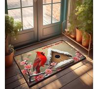 Tappeto per porta d'ingresso, motivo cardinali per esterni, motivo: un paese delle meraviglie invernale con fiori e casetta per uccelli, decorazione per la stanza in stile retrò (40 x 60 cm)