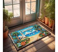 Tappeto per porta d'ingresso per esterni Tunisia: un paradiso tropicale con faro e barche a vela, tappetino divertente per porta d'ingresso, set di tappetini da bagno per esterni (65 x 90 cm)