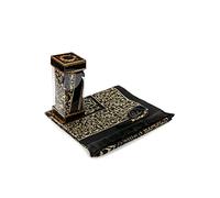 Tappeto per preghiera musulmana e perle di preghiera con elegante confezione regalo | Janamaz | Sajadah | Set regalo islamico | Morbido tappeto in taffetà nero