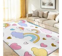 Tappeto per soggiorno, 60 x 120 cm, motivo arcobaleno, cielo e cuori, per la camera dei ragazzi e ragazze, antiscivolo, in flanella, a pelo corto, extra morbido, facile da pulire, bianco