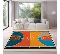 Tappeto per Soggiorno, Camera, Cucina - 80 x 120 cm, Morbido Microfibra Tappeto, Accogliente, Pelo Corto, Antiscivolo, Lavabile, Non fa Pelucchi, Arancione, Cartone Animato Geometrico Campo Da Basket