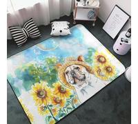 Tappeto per soggiorno, camera da letto, bulldog francese, girasoli, bolle, morbido, lavabile, 3 x 5 cm, tappeto antiscivolo, per interni, camera da letto, decorazione estetica