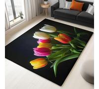 Tappeto per Soggiorno con Motivo Stampato Surrealismo Fiori Tulipano, Tappeti a Pelo Corto Nero, Morbidi e Soffici per la Camera, Tappeto Schienale Antiscivolo (140 x 200 cm)