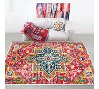 Tappeto per soggiorno lavabile, vintage, morbido, a pelo corto, extra large, per ufficio, camera da letto, antiscivolo, design geometrico orientale, floreale, multicolore, rosso, 80 x 120 cm