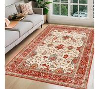Tappeto per soggiorno, lavabile, vintage, morbido, a pelo corto, extra large, per ufficio, camera da letto, antiscivolo, stampa floreale orientale invecchiata, beige e rosso, 160 x 230 cm