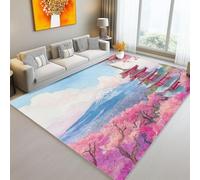 Tappeto per Soggiorno Stile Giapponese Monte Fuji Fiori Di Ciliegio Stampa Pelo Corto antiscivolo Antivegetativa lavabile Tappeto, Tappeti per Salotto Cameretta Bambino Rosa Blu, 120 x 170 cm