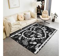 Tappeto personalizzato con fiocco nero con iniziale lettera J, 100 x 150 cm, per camera da letto e soggiorno, estetico con piume grigie, stampa leopardata, tappeto glam con perline a forma di cuore