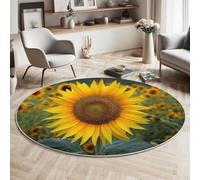 Tappeto Piante E Fiori 60Cm, Rotondo A Pelo Lungo, Con Campi Di Girasoli, Lavabile, Cerchio Extra Morbido,Per Camera Da Letto,Sala Da Pranzo,Cameretta Dei Bambini,Giallo