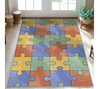 Tappeto puzzle, giocoso contemporaneo verde blu N/a multicolore retro antiscivolo estetico zerbino rettangolare accenti tappeto bagno lavanderia cucina ingresso decorazione 7,6 x 1,5 m