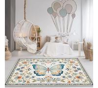 Tappeto Rettangolare Lavabile 90 x 150cm - Pelo Corto Morbido con Fleurs Simples Et Élégantes Papillons Motivo Stampato Resistente Tappeto per Camera da Letto Cucina e Bagno, Azzurro Chiaro