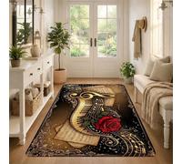 Tappeto romantico a tema note musicali e rose, 9 x 15 cm | Accenti musicali su partito, Vibrant Red Rose, Chiave di violino d'oro, Tema musicale artistico, Elegante decorazione per la
