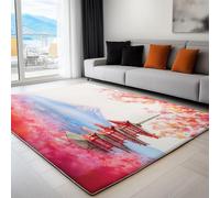 Tappeto Rosa Antiscivolo Lavabile, Tappeti Decorativi per Soggiorno Camera da Letto e Aree Interne, 140 x 200 cm, Tappeti con Motivo Stampato Elegante Monte Fuji Giappone Floreale