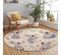 Tappeto Rotondo 100 cm, Lavabile Antiscivolo Cartone animato Foglie Carino Koala Design stampato, Morbido e Confortevole in Colorato Flanella Tappeto per Camera da Letto Soggiorno Ufficio