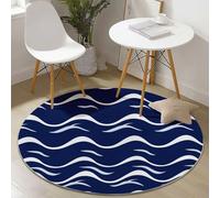 Tappeto rotondo 100 cm, Nautico Linee Ondulate lavabile antiscivolo Pelo Corto morbido Blu Rotondi Tappetos per camera da letto, soggiorno, sala da pranzo