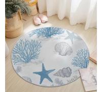 Tappeto Rotondo 120 Cm Lavabile Con Bord De Mer Corail Étoile De Mer - Extra Morbido Colore Bleu Ideale Per Camera Da Letto Soggiorno Sala Da Pranzo O Cameretta Dei Bambini