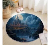 Tappeto Rotondo 120 Cm Lavabile Con Moyen Âge Château Nuit Au Clair De Lune - Extra Morbido Colore Bleu Ideale Per Camera Da Letto Soggiorno Sala Da Pranzo O Cameretta Dei Bambini