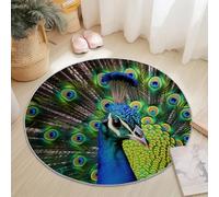 Tappeto Rotondo 120 Cm Lavabile Con Piume Di Pavone Art Déco - Morbido E Confortevole Verde Adatto A Camera Da Letto Soggiorno Sala Da Pranzo O Cameretta Dei Bambini