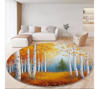 Tappeto Rotondo 120 Cm Lavabile Con Tema Stagionale Bosco Di Betulle Foglie Autunnali - Morbido E Confortevole Colore Arancione Adatto A Camera Da Letto Soggiorno Sala Da Pranzo