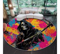 Tappeto Rotondo 120 Cm Resistente E Lavabile Con Gotico Teschio Falce - Morbido E Confortevole Colore Nero Per Soggiorno Studio O Cameretta Dei Bambini