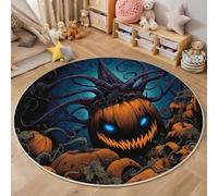 Tappeto Rotondo 120 Cm Testa Zucca Halloween Tappeto Scendiletto Camera Antiscivolo, Resistente E Lavabile, Male Oscuro Adatto Per Soggiorno, Camera Da Letto, Cucina Blu Scuro