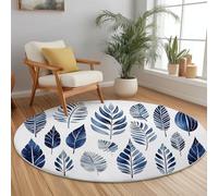Tappeto Rotondo 150 Cm Lavabile Con Naturalismo Foglie Dipinto A Mano - Extra Morbido Colore Blu Ideale Per Camera Da Letto Soggiorno Sala Da Pranzo O Cameretta Dei Bambini