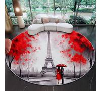 Tappeto Rotondo 150 Cm Lavabile Con Romanticismo Torre Eiffel Coppia - Extra Morbido Colore Rosso Ideale Per Camera Da Letto Soggiorno Sala Da Pranzo O Cameretta Dei Bambini
