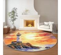 Tappeto Rotondo 150 cm Morbido Lavabile in Lavatrice, Colore Arancione Senza Odore Isolamento Acustico, Paesaggio Mare Faro Tema Tappetino Rotondo per il Soggiorno Camera da Letto Ingresso
