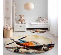 Tappeto Rotondo 160 cm Morbido Lavabile, Multicolore Senza Odore Isolamento Acustico, Astratto Illustrazione Artistico Aeroplano Tema Tappetino Rotondo per il Soggiorno Camera da Letto Ingresso